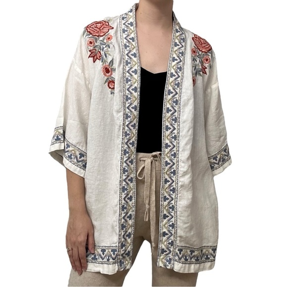 Kyla Seo Handmade Cardigan Kimono Shawl Embroidered Boho Linen Size Extra Small - Picture 2 of 8